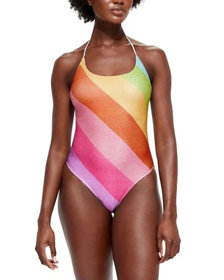 Traje de baño de una pieza con cuello halter a rayas arco iris Kurt Geiger London X6648, M Foto 1 de 4