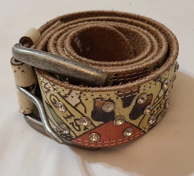 Ed Hardy Handmade Leather Belt Womens Sz XS Y2K Tattoo Graphic Studded Distress  - Image 1 of 4