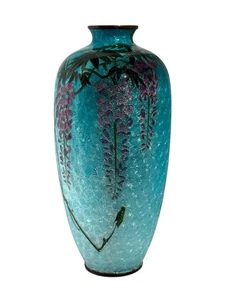 Japanese Cloisonne Enamel Ginbari Vase Wisteria Ice Blue Ground Antique Meiji - Picture 1 of 15