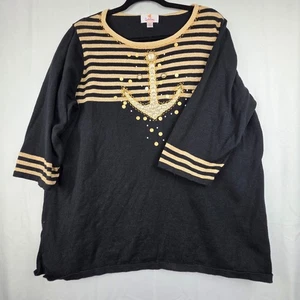 Quacker Factory Shirt Womens XL Black Gold Striped Anchor Nautical Sequin Top - Picture 1 of 7