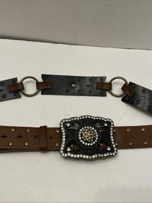 Cinturón de mujer de imitación de cuero marrón con hebilla de estrás talla 16W Foto 1 de 4