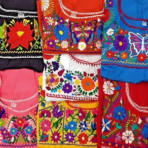 Puebla Mexican Hippie Peasant Vintage Embroidered Blouse Top Assorted Colors - Picture 1 of 37