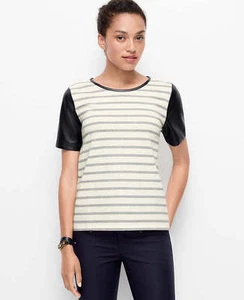 Ann Taylor - Woman's XL (16) Blue Faux-Leather Sleeve Striped Top $59.00 NWT (H) - Picture 1 of 3