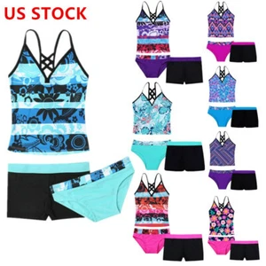 Kids Girls Swimsuit Tankini Floral Printed Tops with Shorts Bottoms Set 3 Pcs - Picture 1 of 51