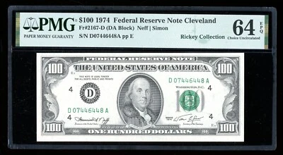 DBR 1974 $100 FRN Cleveland Fr. 2167-D PMG 64 EPQ Serial D07446448A - Image 1 of 2