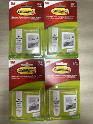 4x Pack 6 Medium Pairs Command 3M Picture Hanging Strips 12lb White (17204ES) - Image 1 of 2
