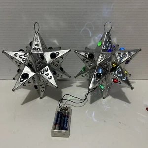 Star Punched Tin Ornament w Glass Marbles Made In Mexico Set Of 2 - Picture 1 of 9