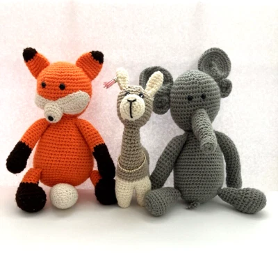 Handmade Crocheted Set of 3 Childrens Animals Fox Elephant & Baby Llama Colorful - Image 1 of 4