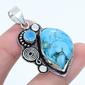Tibetano Turquesa, Azul Onix Piedra Plata Joyería Colgante 1.8" PRJ17422 - Imagen 1 de 3