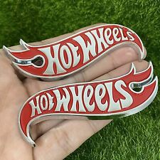 2x 3D Metal Red Silver Hot Wheels Fender Lid Hood Badge Hotwheels Decal Emblem