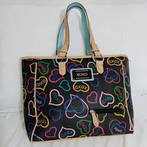 XOXO Purse Heart + Logo Print Handbag Tote Black & Rainbow Zip Closure  - Picture 1 of 15