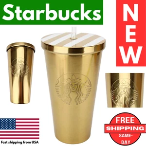 NEW Starbucks Gold Striped Tumbler 16oz Stainless Steel Cup Lid + Straw cold - Picture 1 of 15