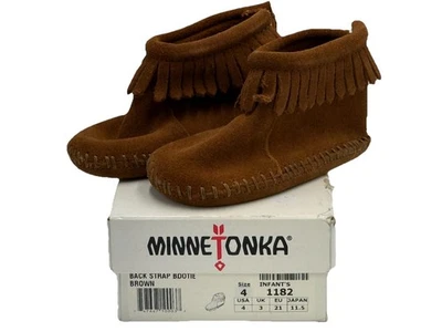Minnetonka Infantil Talla 4 Cuero Marrón Correa Trasera Botín Mocasines Gamuza Flecos Foto 1 de 4