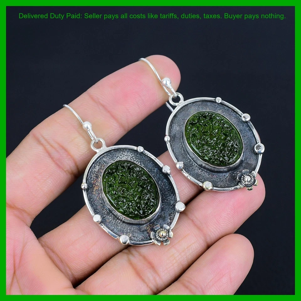 Oferta de Navidad Moldavita Piedras Preciosas Colgantes Boho Pendientes Joyería Plata de Ley Foto 1 de 1