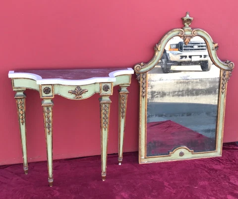 Antique Parcel Gilt Green Painted Console Entry Table + Mirror marble 18th Cent Cover