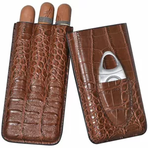 Custodia in pelle resistente 3 tubi viaggio marrone sigari cedro humidor con taglierina - Foto 1 di 7