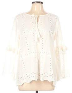 Mystree White 100% Cotton Tie-Neck Boho Embroidered Tunic Size L - Picture 1 of 4