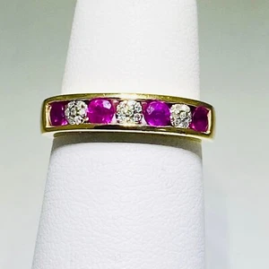 14K SOLID YELLOW GOLD RUBY DIAMOND BAND RING - Picture 1 of 4