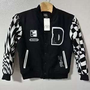 Zara Varsity Bomber Jacket Men's Size L/XL Black White Multiple Patches NWT - Picture 1 of 7