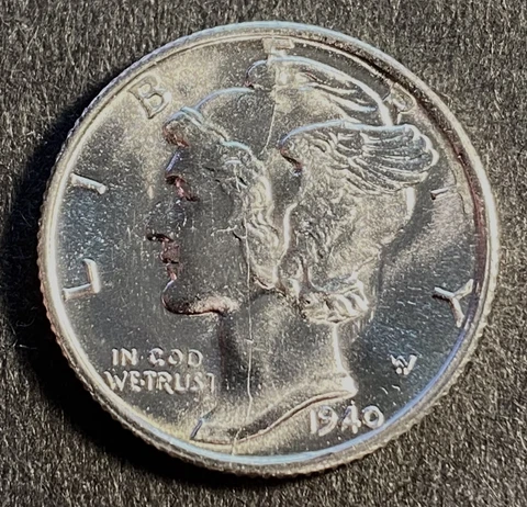NICE BU 1940-S MERCURY DIME W/ FSB & HUGE OBVERSE DIE CRACK  FREE US SHIPPING Cover