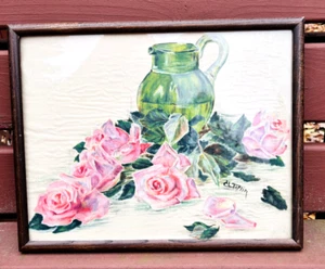 Antique Painting Roses Pitcher Art Framed Linen Cloth? 19" x 15 1/4"Pink Green - Picture 1 of 4