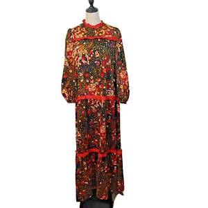 Vintage 1970's Size 12 14 Brown Red Floral Cotton Cottage Hippy Boho Long Dress - Picture 1 of 9