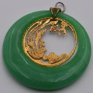 Green Jadeite Jade with Gold Good Luck Chinese Pendant - Picture 1 of 5
