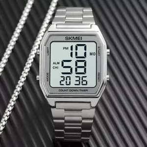 Reloj digital cuadrado de alarma de acero inoxidable con luz LED cronómetro deportivo para hombre - Imagen 1 de 18