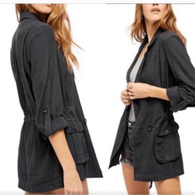 Blazer Free People Charly Negro Medianoche Talla Mediana Lino Chaqueta Boho Foto 1 de 4