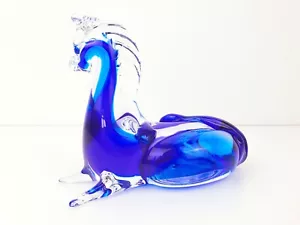 Stunning Blue Murano Art Glass Vintage Horse Pony Laying Down 16 cm L - Picture 1 of 12