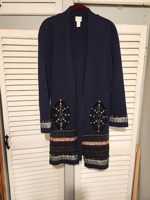 Chico's женщин глубокий темно-синий хлопок открытый длинный кардиган грузинский бисер размер 1 MED - Изображение 1 из 4