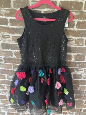NUEVO CON ETIQUETAS THE CHILDREN'S PLACE NIÑAS 10/12 VESTIDO TUTÚ FLOR 3D LENTEJUELAS NEGRO TUL Foto 1 de 4