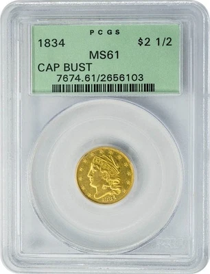 1834 $2 1/2 Gold Capped Bust $2.5 MS61 Green Label PCGS 950066-5 - Image 1 of 4