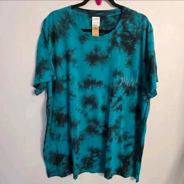 Camiseta Victoria's Secret ROSA Brillo Campus Manga S Verde Tie Dye Estrás Talla XXL Foto 1 de 4