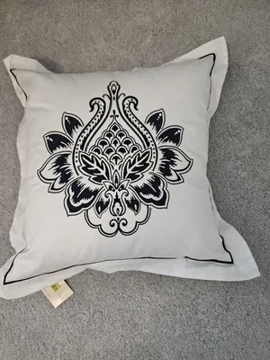 White Throw Pillow Blue Embroidered Medalion 18x18 Raymond Waites Cover Only - Image 1 of 4