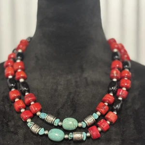 VTG Double Strand Turquoise Coral Onyx Bead Necklace Silver Tone Southwest 20" - Picture 1 of 8