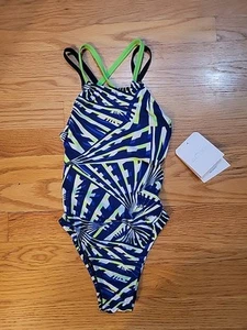 New Dolfin - Reliance One Piece Race Swimsuit Blue / Green Geo Pattern - 26 - Picture 1 of 7
