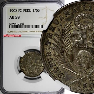 PERU Silver 1908 FG 1/5 Sol NGC AU58  Toned KM# 205.2 (043) - Picture 1 of 4