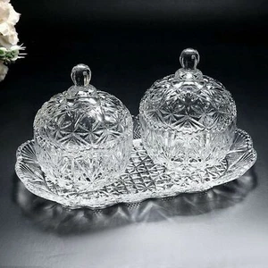 Glass Sweet Sugar Bowl 3PC W/Lid & Tray Crystal Effect Candy Bonbon Box Dish Jar - Picture 1 of 10
