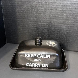 The Old Pottery Company Keep Calm & Carry On Black Butter Dish & Lid New - Picture 1 of 6