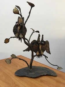 vintage mid century modern brutalist metal sculpture of owls on branches, large - Picture 1 of 9