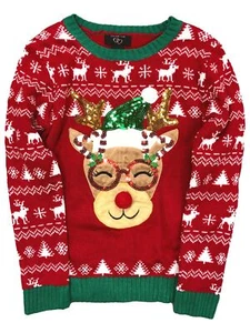 It's Our Time Girls Red Sequin Reindeer Elf Holiday Christmas Sweater XL(14-16) - Picture 1 of 1