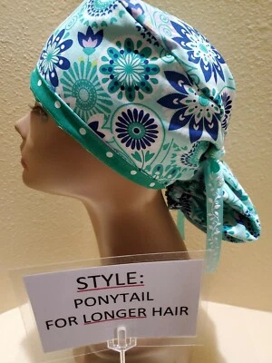Medallion Floral (green) Women's Ponytail Surgical Scrub Hat/Cap Handmade - Image 1 of 4