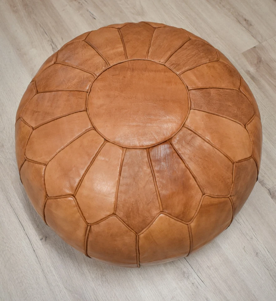 Scandinavian Leather Pouffe XL Cognac  - Delivered Stuffed, Ottoman, Footstool - Image 1 of 2