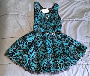 Girls Dress Knit Works Flare Flocked New 10sz Black Teal Silver Slip Sleeveless - Picture 1 of 10