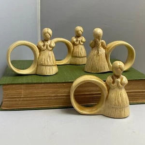 4 Pilgrim Ceramic Thanksgiving Napkin Rings Praying Prairie Women - Picture 1 of 5