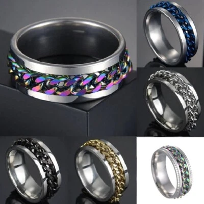 Anxiety Spinner Rings Mens Fidget Rotating Ring Stainless Steel Chain Women - image 1 of 4