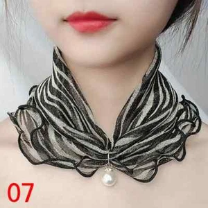 Zebra Stripe Ruffles Scarf Elegant Faux Pearl Pendant Elastic Neck Gaiter Casual - Picture 1 of 3