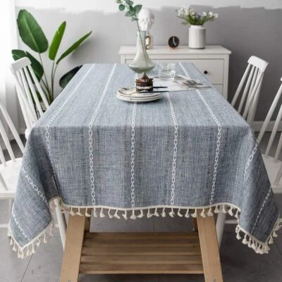 Rectangle Cotton Linen Tablecloth Striped Tassel Table Cloth Home Dust Cover UK