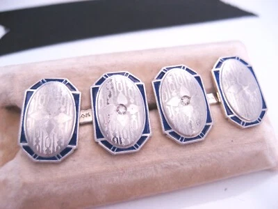  Antique Edwardian Art Deco era 14K Gold Diamond Guilloche Blue Enamel Cufflinks - Image 1 of 4
